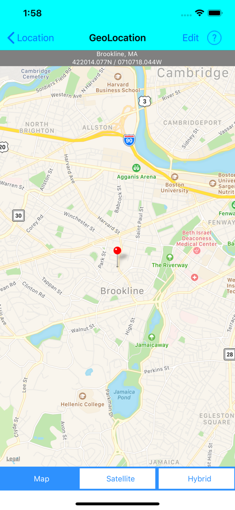 Families - Geolocation screen in the Families app showing a map pin in Brookline Massachusetts