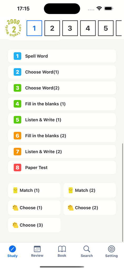 2000 Core English Words (2) - 어휘 학습 활동 목록을 표시하는 2000 필수 영어 단어 앱의 학습 메뉴