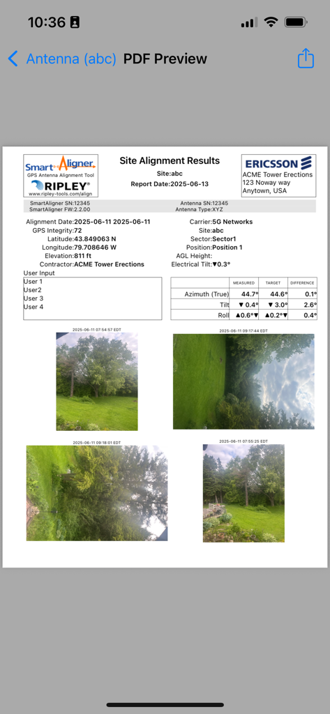 A preview of a Site Alignment Results PDF report showing antenna azimuth tilt and site survey photos