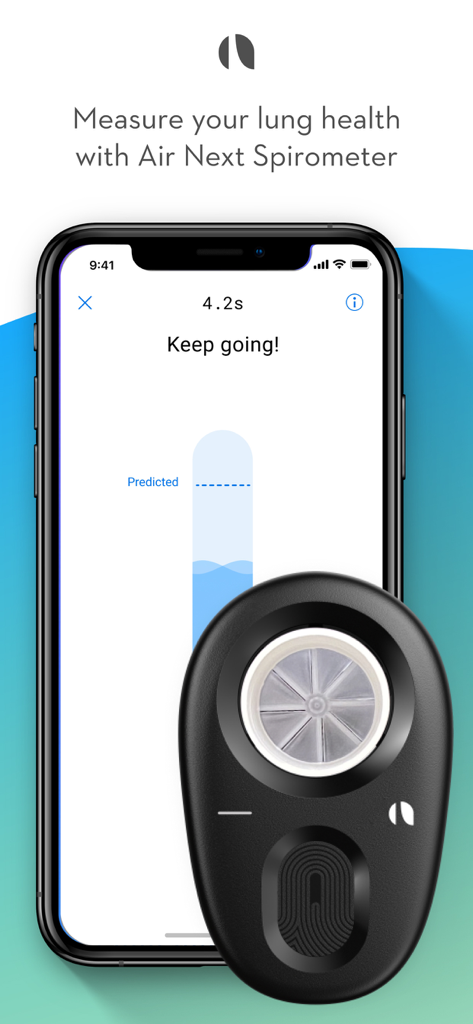 NuvoAir Home - NuvoAir Home app interface and Air Next Spirometer device for lung health monitoring