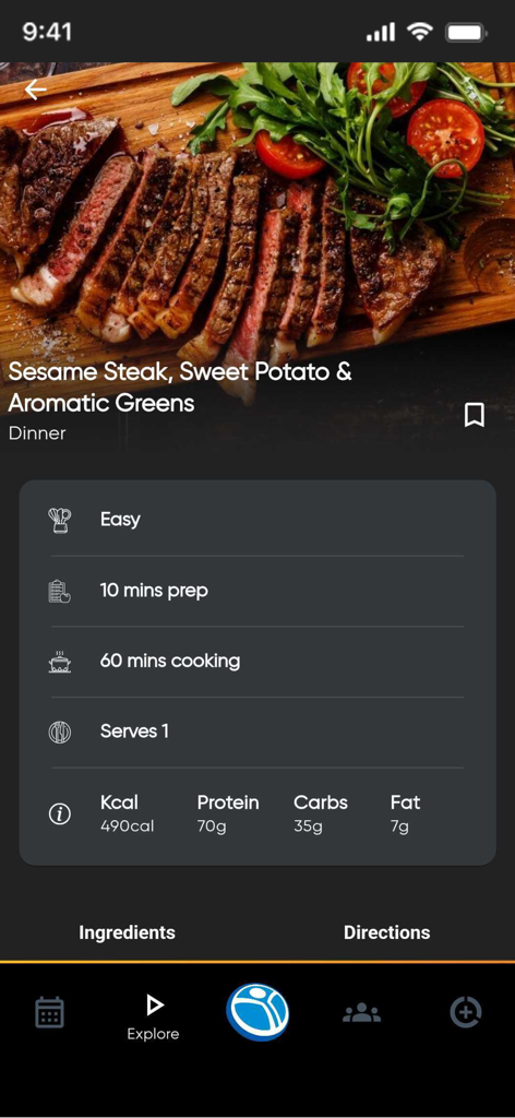 Planet Fitness Playアプリのゴマステーキの栄養情報とレシピの詳細。