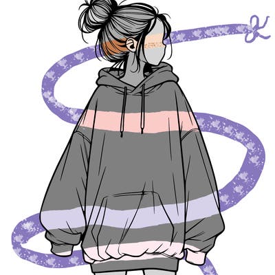 realistic girl with a oversized sweatshirt on and a bun