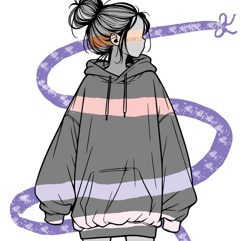 realistic girl with a oversized sweatshirt on and a bun