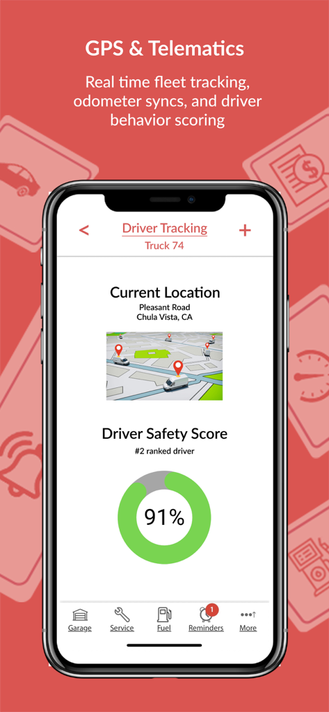 AUTOsist Fleet Management App - AUTOsist app interface showing real-time vehicle location on a map and driver safety score