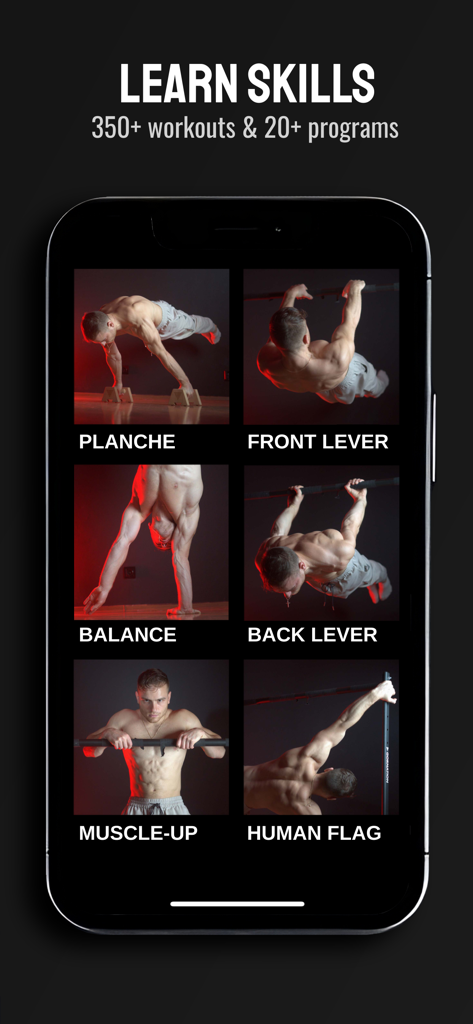 VIKTORY - Tela do aplicativo VIKTORY exibindo vários programas de habilidades de calistenia como planche, front lever e muscle up