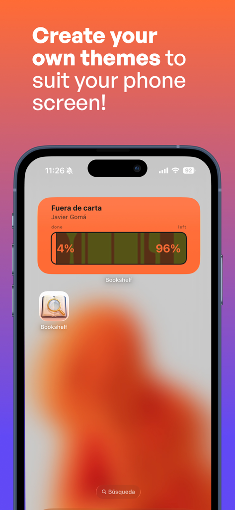 Bookshelf: book tracker - Widget personalizable de la aplicación Bookshelf en la pantalla de inicio de un iPhone que muestra el progreso de lectura con un tema naranja único.