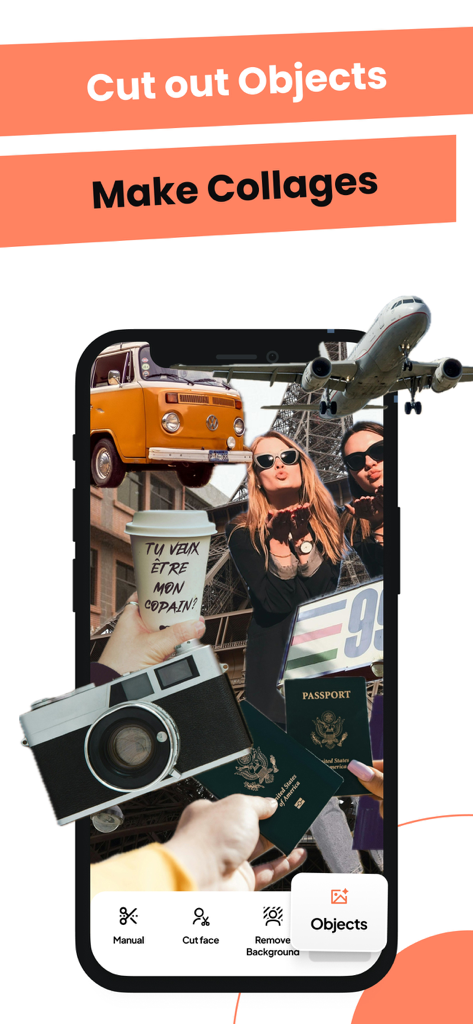 Cut and Paste: Photos Editor - Um smartphone mostrando uma colagem de fotos criada com o aplicativo Recorte e Cole com objetos recortados como um avião e uma câmera.