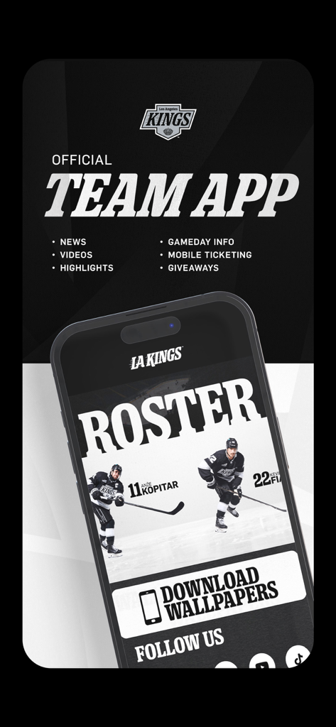 LA Kings - LA Kings official mobile app interface showing team roster and gameday features