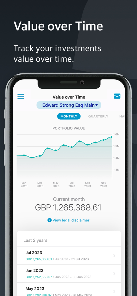 Interface of the MyRathbones app showing an investment portfolio value over time line graph and historical valuations.