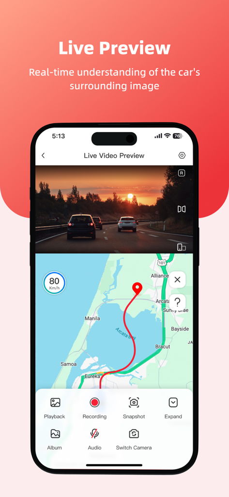 LINGDU - LINGDU dash cam app showing live video preview and GPS tracking map