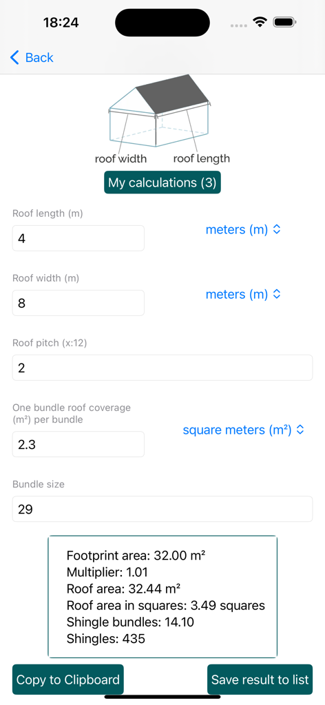 Construction Roofing calc - A roofing calculator app interface showing dimensions input and calculated shingle bundle requirements