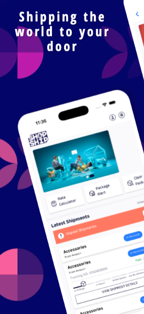 Shop and Ship - Shop and Ship mobile app dashboard displaying package tracking and shipment details for international orders