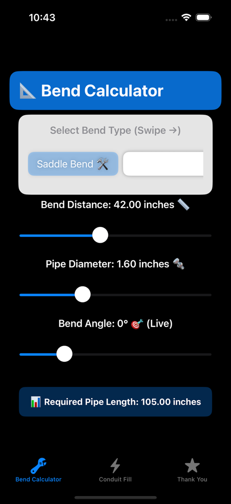 Saddle bend calculation screen in BendMaster app showing sliders for distance and pipe diameter