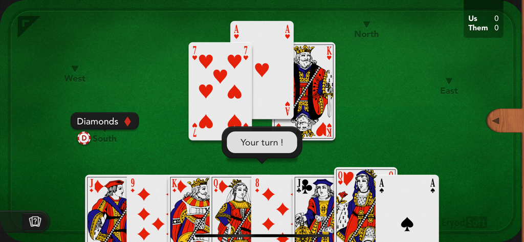 French Belote + - Gameplay screenshot of French Belote plus card game on a green digital table