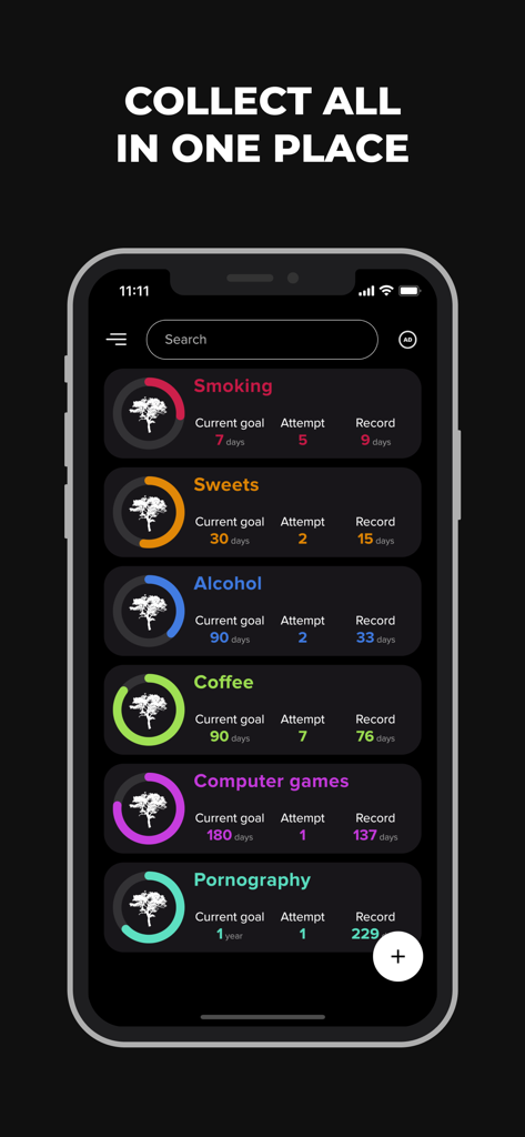 Interface of the Bad Habit Break app showing a list of tracked habits and goal progress in dark mode