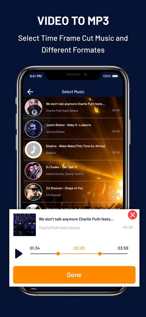 MP3 Converter : Video To MP3 - MP3 Converter app interface showing audio trimming and song selection features