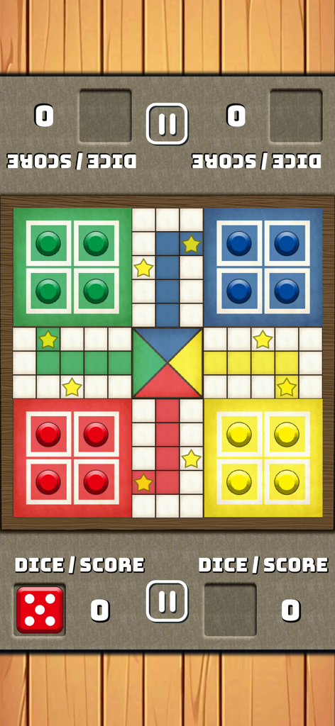 TableTop BoardGame - Interfaz digital del juego de mesa Ludo con fichas de colores y dados sobre una mesa de madera.