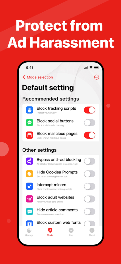 Ads Blocker - Fast & Complete - 추적 스크립트 및 악성 웹사이트 차단 설정을 표시하는 모바일 앱 인터페이스