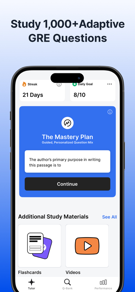 Manhattan Prep | GRE Practice - Manhattan Prep GRE study app dashboard with test prep questions and progress tracking