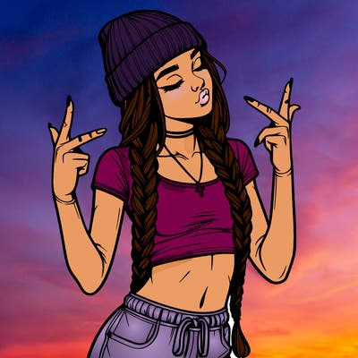 realistic teenage girl with braids and a beanie and crop top doing 🫶🏼