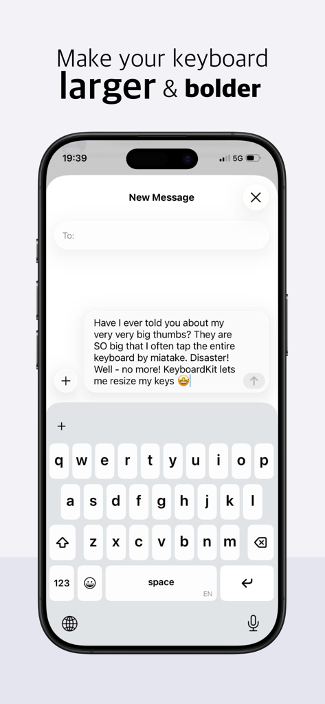 KeyboardKit - Pantalla de iPhone mostrando KeyboardKit con teclas de teclado ampliadas y en negrita para una mejor accesibilidad y una escritura más fácil.