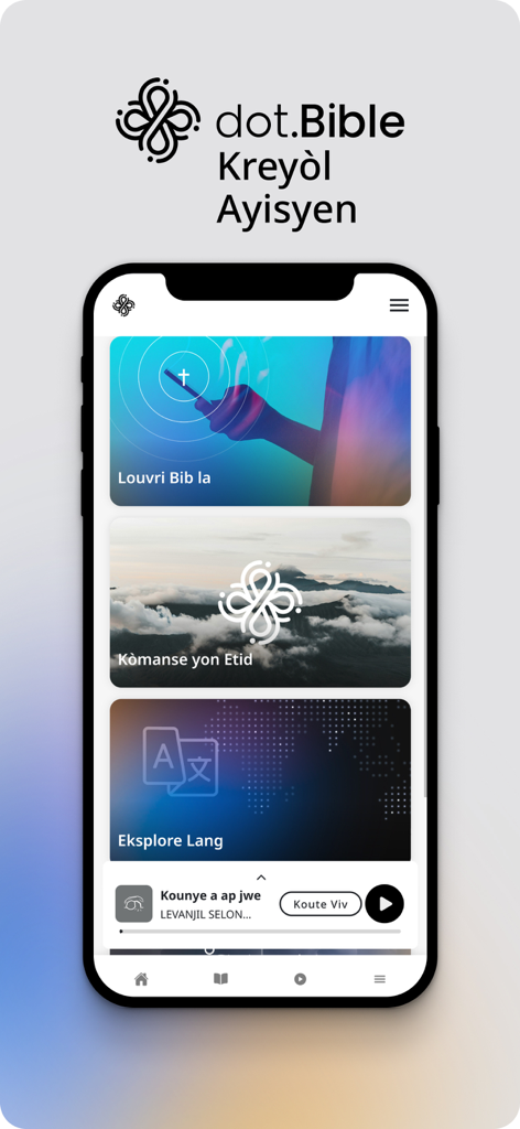 dot.Bible Kreyòl Ayisyen - Home screen of the dot Bible Kreyol Ayisyen app displaying options to read and listen to scripture
