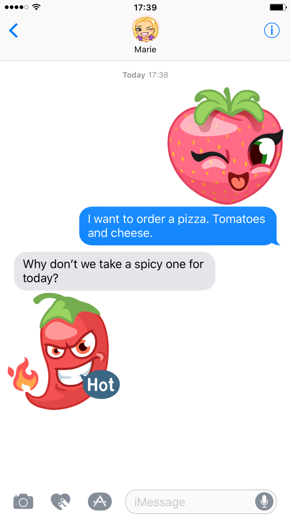 Une conversation iMessage utilisant des autocollants expressifs de fraise et de piment fort de Fruitables VK.