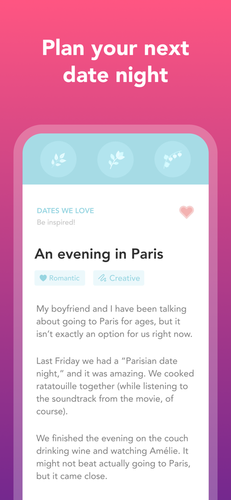 Evergreen: Relationship Growth - Una captura de pantalla de la aplicación Evergreen que muestra inspiración para noches de citas e ideas románticas para parejas.