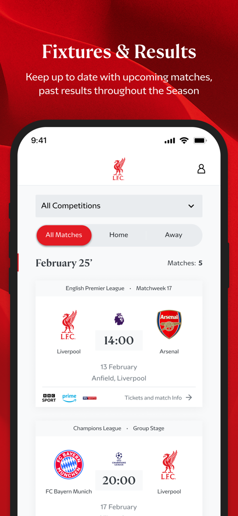 The Official Liverpool FC App - A mobile app screen showing Liverpool FC's upcoming matches against Arsenal and Bayern Munich.