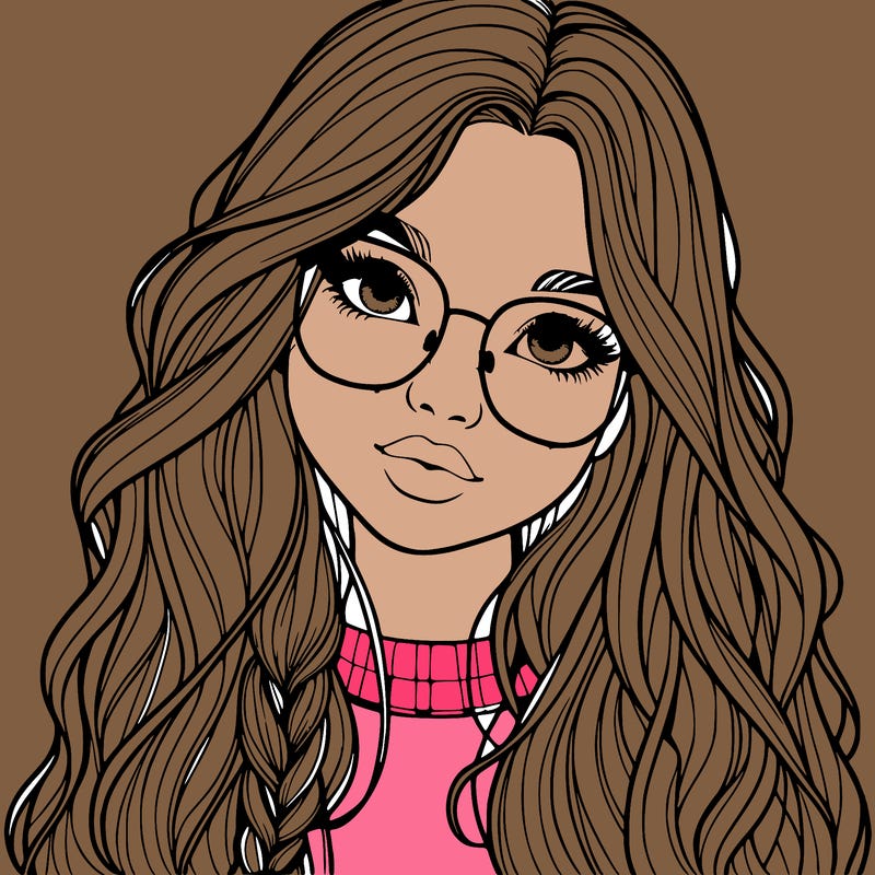 girl with long hair and freckles and glasses realistic