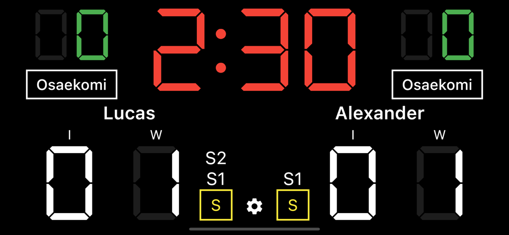 Judo Scoreboard - Digital judo scoreboard interface with match timer, osaekomi buttons, player names, and point counters.