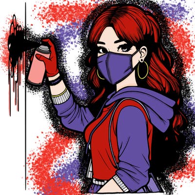 realistic girl with mask spray painting a wall