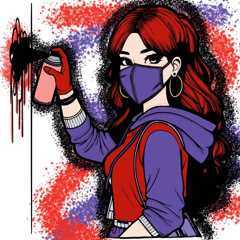 realistic girl with mask spray painting a wall