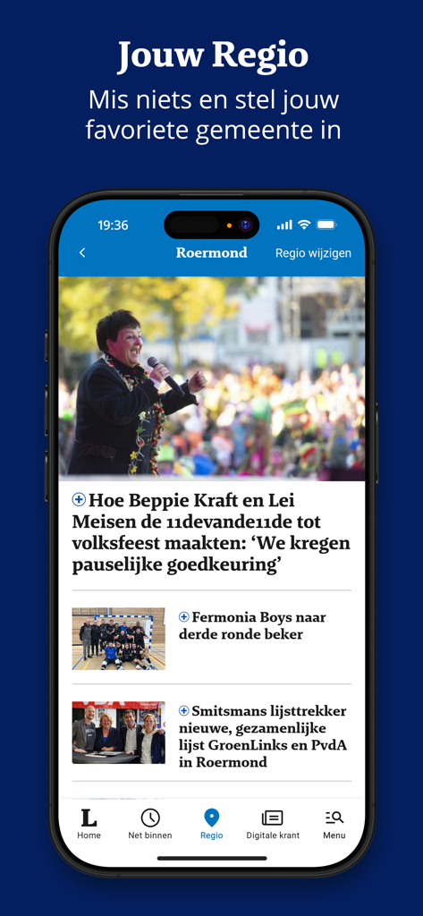 Smartphone screen displaying the De Limburger Nieuws app with local news from the Roermond region