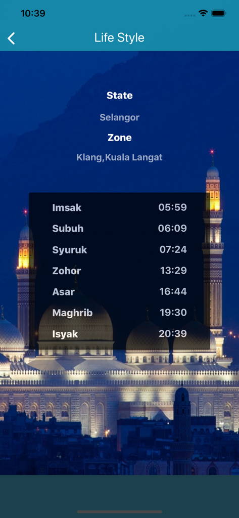 MyProton Official - A mobile screen from the MyProton app showing Islamic prayer times for the Selangor region in Malaysia with a mosque background.