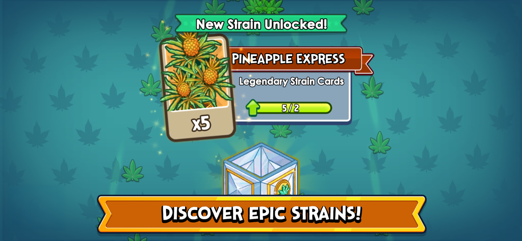 A legendary Pineapple Express strain card unlocked in Weed Inc Idle Tycoon mobile game