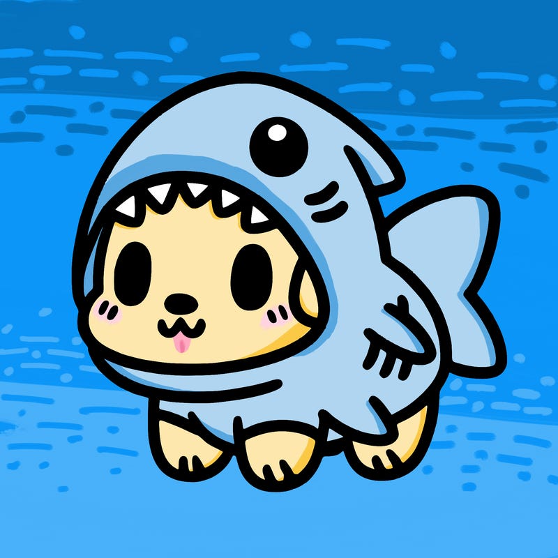 cute dog wearing a shark costume