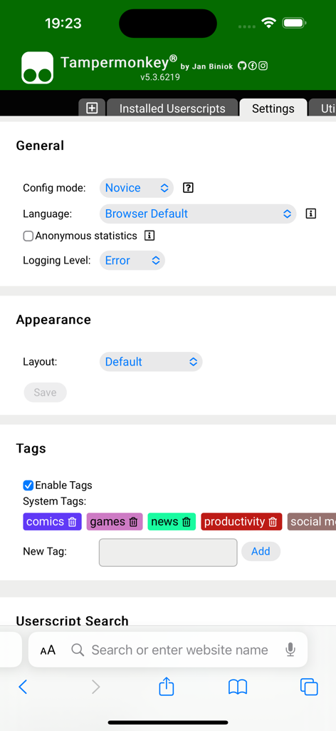 Tampermonkey - Tampermonkey iOS app settings interface showing configuration options and userscript tags