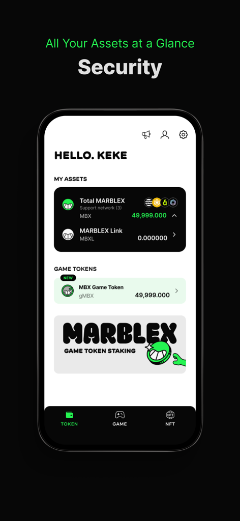 MARBLEX Wallet - MARBLEX Wallet app dashboard showing digital assets and game tokens overview