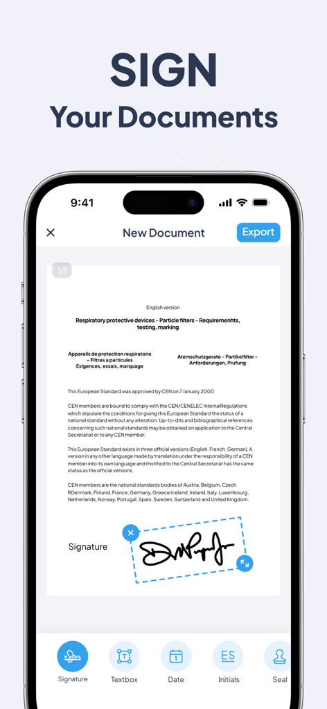 Schermata dello smartphone che mostra l'interfaccia dell'app eSign con una firma digitale su un documento PDF.