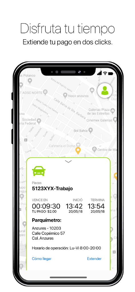 Mueve Ciudad app interface showing a parking session timer and extension button over a city map