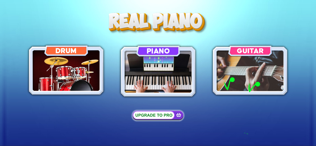 Real Piano – Learn & Play - Main menu of the Real Piano app featuring selectable drum piano and guitar instrument modes