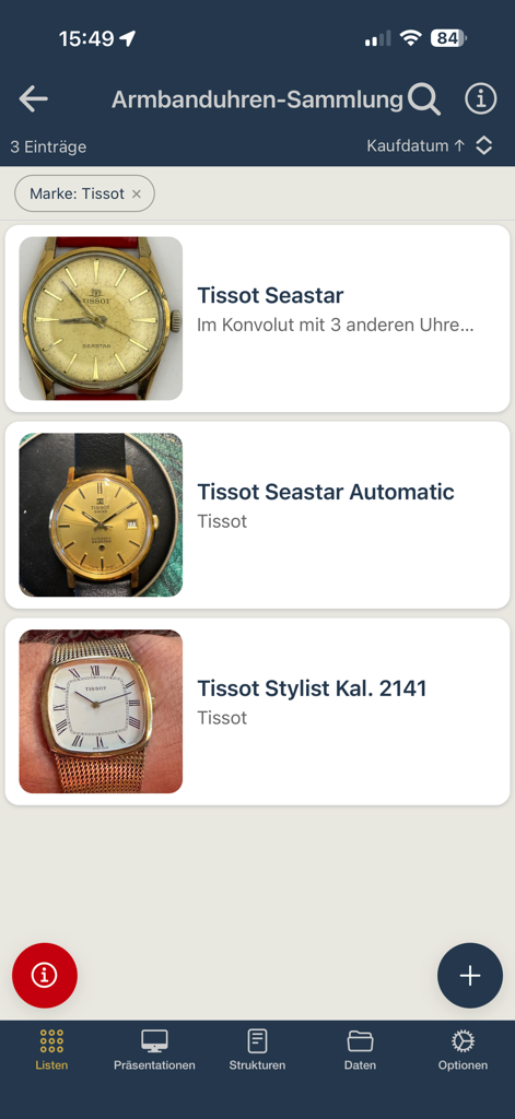 CollectAll Collections - Uma lista digital de relógios de pulso Tissot antigos organizada no inventário do aplicativo CollectAll.