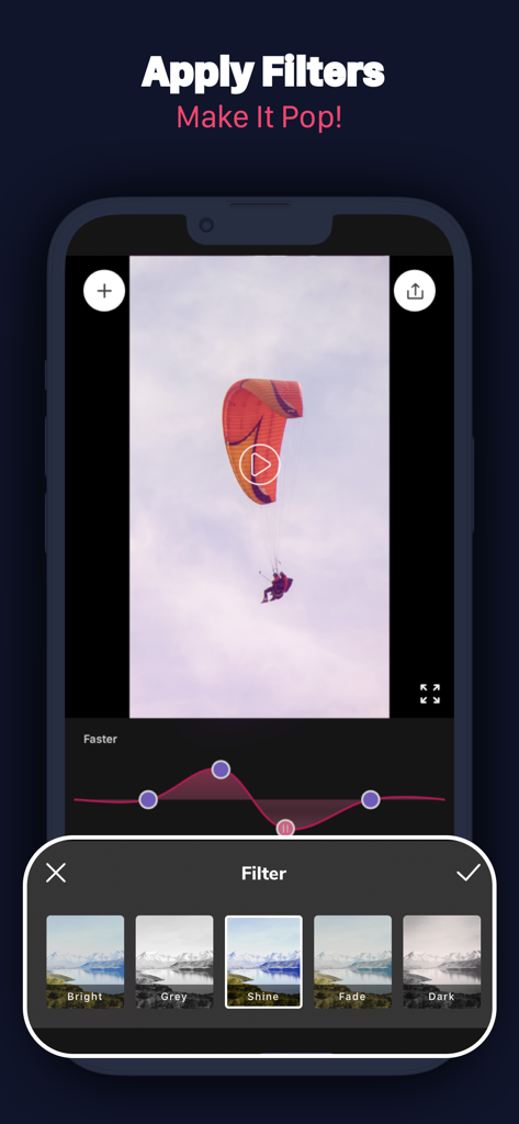 Slow Motion Video Maker Editor - A mobile interface for the Slow Motion Video Maker Editor app showing a paragliding video being edited with various color filters like Bright, Shine, and Fade.