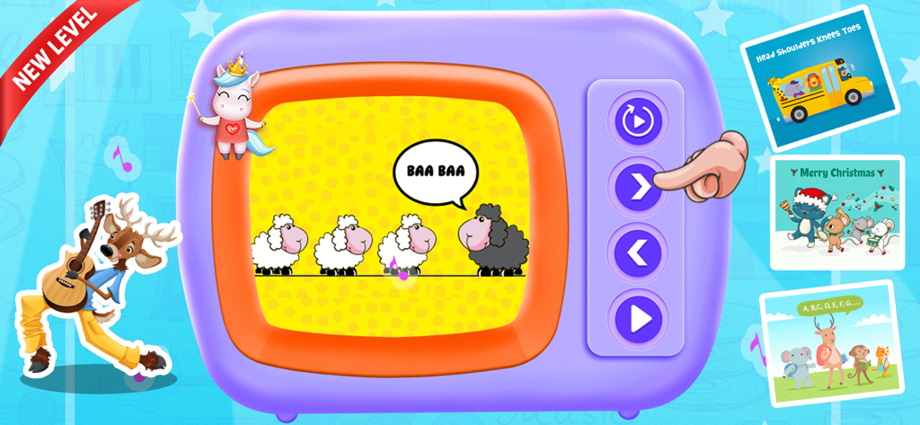 Musical Band! Play and Learn - Interactive Musical TV feature in the app showing Baa Baa Black Sheep and a list of nursery rhymes for toddlers