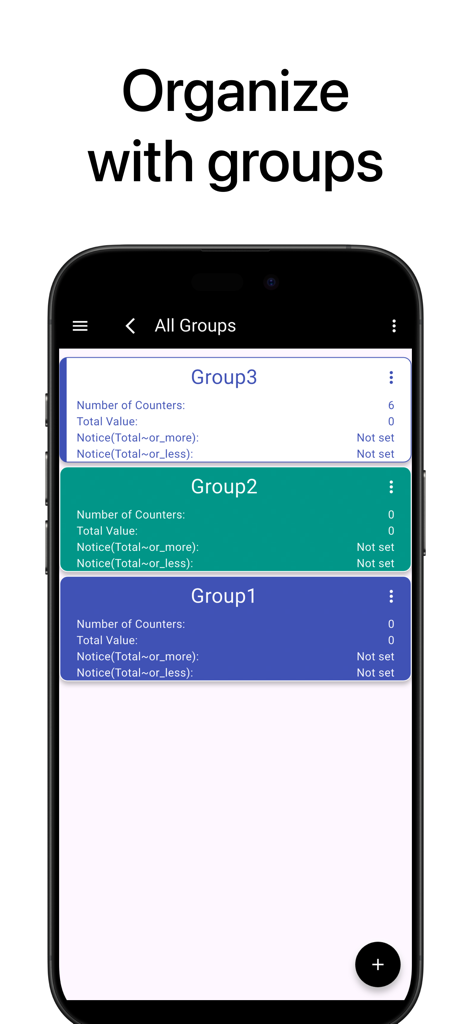 Interface of the Smart Counter app showing different tally counters organized into color coded groups