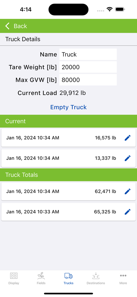Truck weight management screen in the Libra Harvest app showing load totals and transaction history