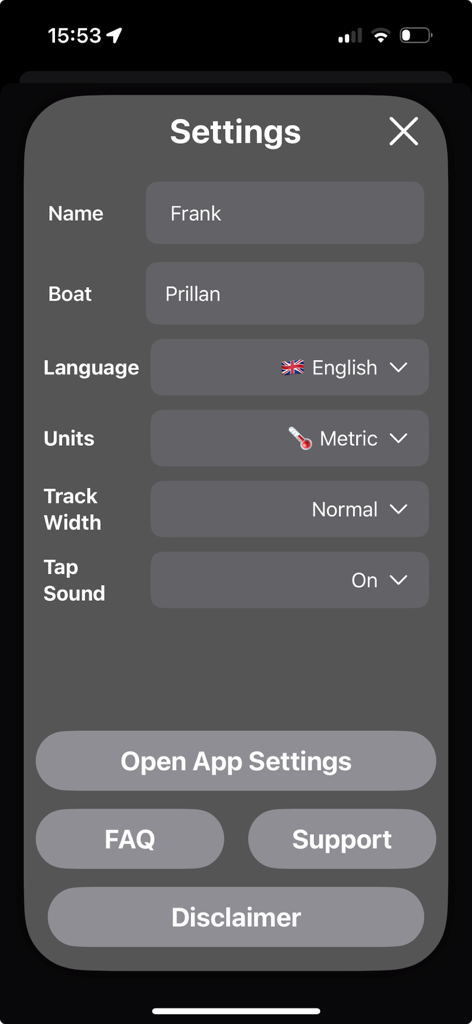 Ankerwache Pro - Ankerwache Proアプリの設定画面。ユーザープロフィール、ボート名、測定単位のオプションを表示