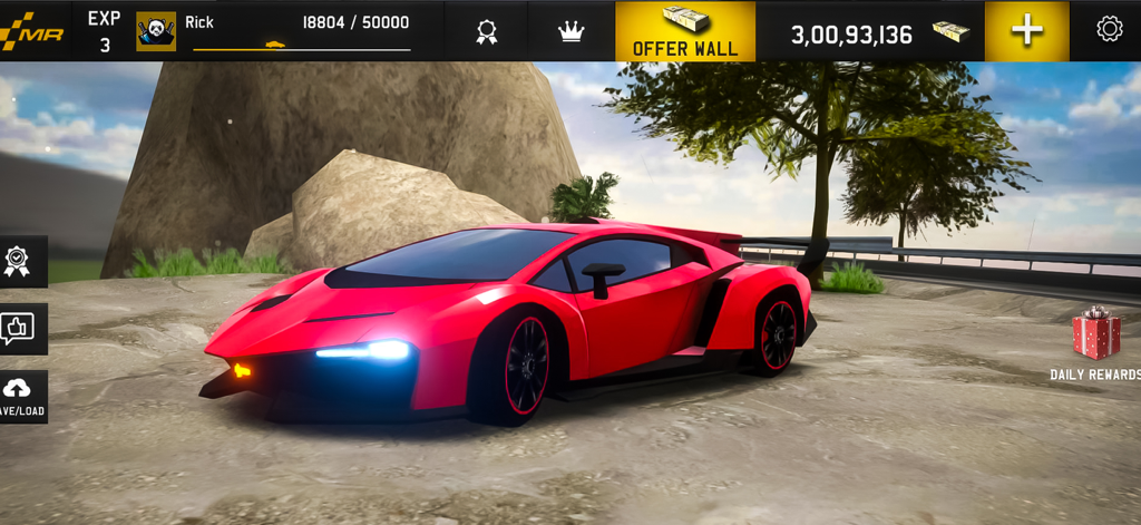 MR RACER - A sleek red supercar parked in the MR RACER game menu with a 3D outdoor background