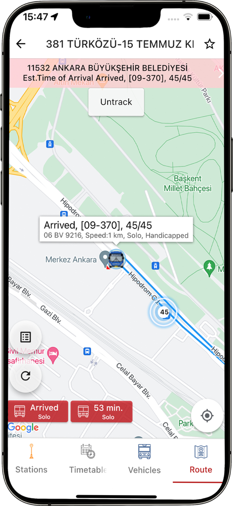 EGO CEPTE app screen showing real-time bus location and arrival status on a city map